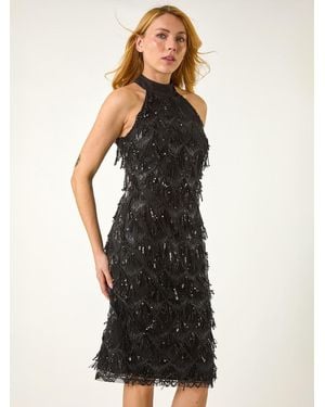 Roman Halter Neck Tassel Trapeze Dress - Black