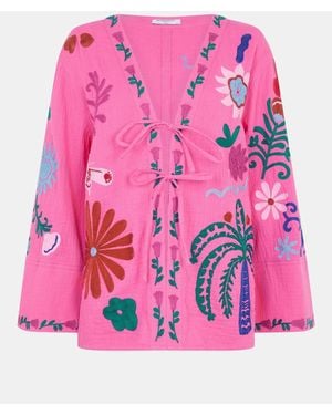 Accessorize Tropical Embroidered Tie Front Shirt - Pink