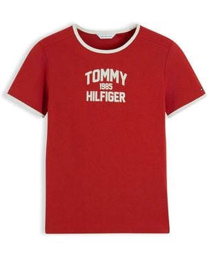 Tommy Hilfiger Flock Varsity Logo Slim Ringer T-Shirt - Red