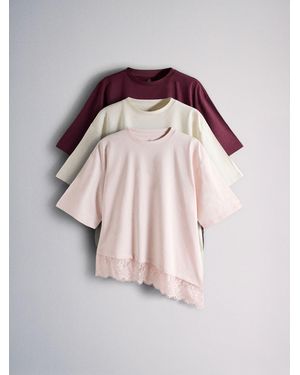 The Set Lace Trim T-Shirts 3 Pack Pale/Plum/Cream - Pink