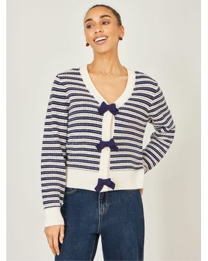Yumi' Stripe Cardigan With Bow Detail - Blue