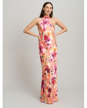 Gina Bacconi Margo Satin Floral Print Tie Neck Dress - White