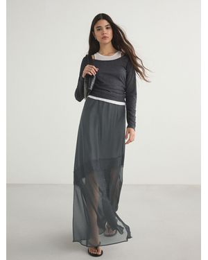 Next Satin Mesh Lace Trim Midi Skirt - Gray