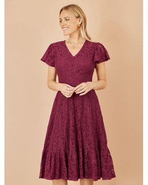 Yumi' Stretch Lace Puff Sleeve Midi Dress - Purple