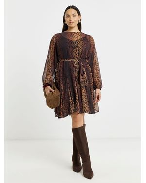 Simply Be Leopard Print Skater Dress With Godets - Brown