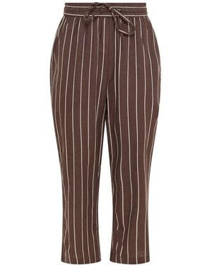 M Com Striped Linen Blend Tapered Cropped Pants - Brown