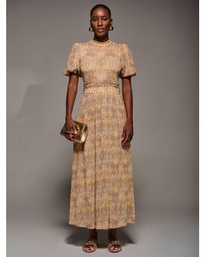 Jolie Moi Puffy Sleeve Printed Mesh Maxi Dress - Brown