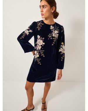 Monsoon Fallon Floral Embroidered Velvet Mini Dress - Blue
