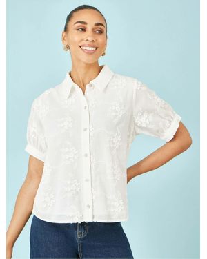 Yumi' Cotton Flower Applique Shirt - White