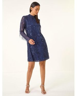 Roman All Over Fringe Shift Dress - Blue
