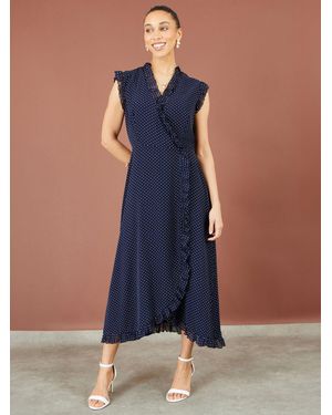 Yumi' Polka Dot Midi Wrap Frill Dress - Blue