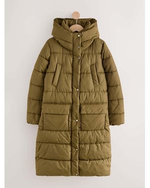 Next Khaki Shower Resistant Padded Hooded Longline Coat - Green
