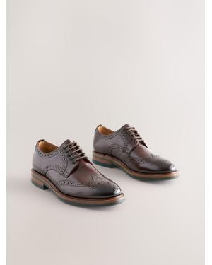 Next Standard Fit Leather Contrast Sole Chunky Brogues Shoes - Natural