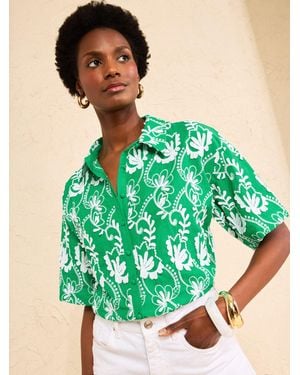 Love & Roses Petite 3D Embroidery Button Down Short Sleeve Shirt - Green