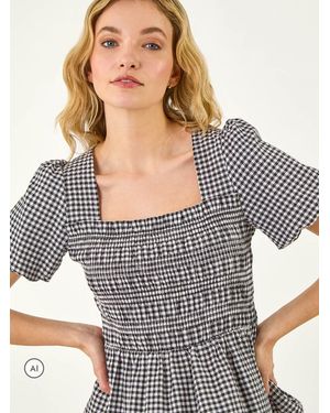 Roman Gingham Shirred Top - Gray