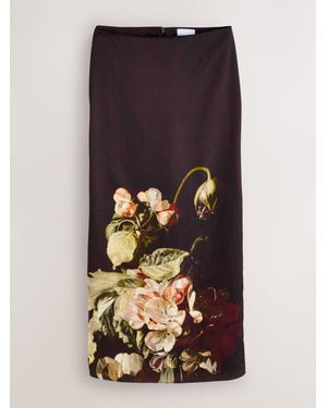 Next Ashmolean Museum Wine Floral Print Satin Midi Skirt - Brown