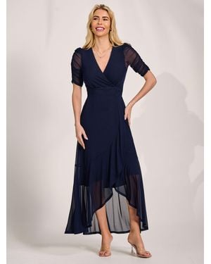 Jolie Moi Ruched Sleeve Mesh Maxi Dress - Blue
