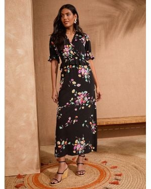 Love & Roses Jersey Peplum Ruffle Short Sleeve Midi Dress - Brown