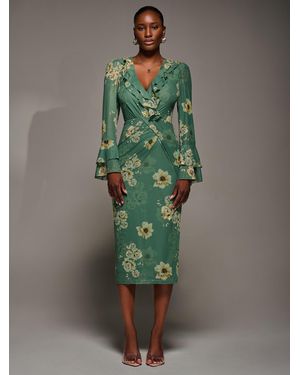 Jolie Moi Frill Sleeve Pleated Wrap Midi Dress - Green