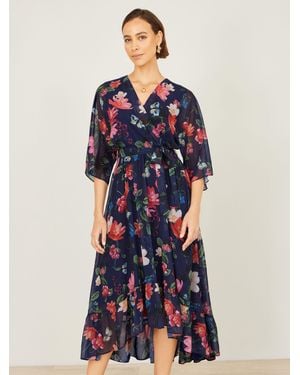 Yumi' Floral Kimono Wrap Dress With Dip Hem - Blue