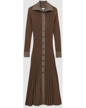 Reiss Mocha Nova Pleated Rib-Knit Colour-Block Midi Dress - Brown