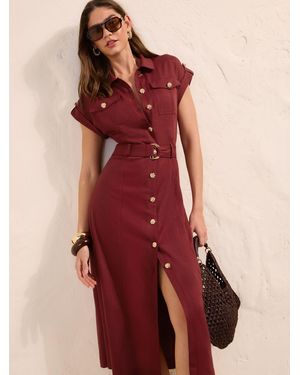 Friends Like These Button Through Belted Shirt Midi Dress - Red