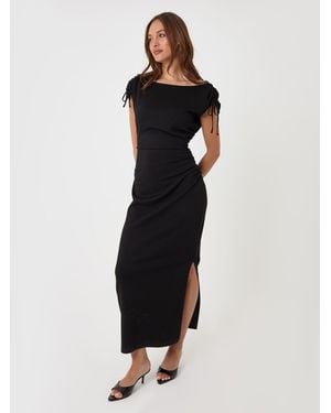 Threadbare Ruched Shoulder Tie Midi Dress - Blue