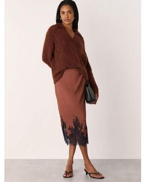 Whistles Lace Hem Satin Midi Skirt - Natural