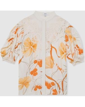 Reiss Louisa - Ivory/pink Floral-print Lace-trim Blouse, Us 0 - White