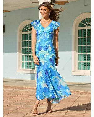 Sosandar Floral Print Chiffon Angel Sleeve Dress - Blue