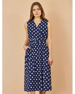Yumi' Polka Dot Mesh Wrap Skater Dress With Pockets - Blue