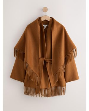 Next Tan N. Premium Handsewn Fringe Scarf Coat With Wool - Brown