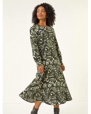 Roman Petite Printed Shirred Midi Dress - Green