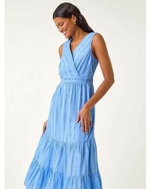 Roman Embroidered V-Neck Midi Dress - Blue