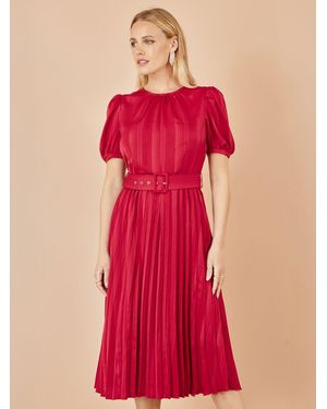 Yumi' Satin Striped Midi Dress With Pleats And Matching Belt - Red