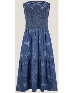 Monsoon Cecily Floral Smocked Denim Midi Dress - Blue