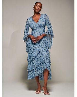 Jolie Moi Mesh Ruffle Sleeve Tiered Midaxi Dress - Blue