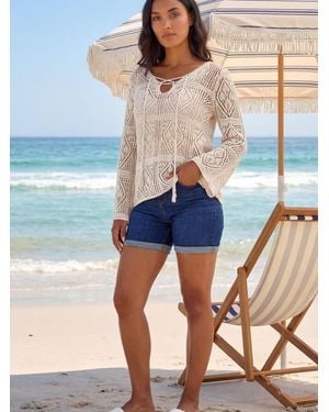 Roman Crochet Tie Front Tunic Top - Blue