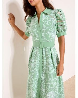 Lipsy Premium Belted Puff Sleeve Embroidery Shirt Midi Dress - Green