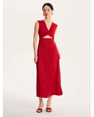 OMNES Marin V-Neck Front Twist Satin Midi Dress - Red