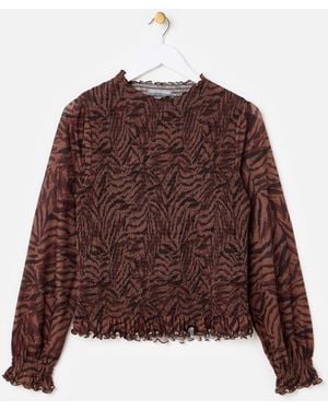 Oliver Bonas Animal Print Shirred Mesh Top - Brown