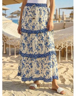 Roman Floral Contrast Print A-Line Skirt - Blue