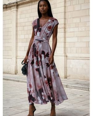 Religion Lilian Maxi V-Neck Occasion Dress With Tie Waist And Stud Neck Trim - Pink
