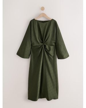 Next Jaquard Twist Front Long Sleeve Satin Maxi Dress - Green