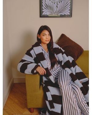 Loungeable Stripe Cozy Borg Fleece Midi Shawl Dressing Gown - Brown