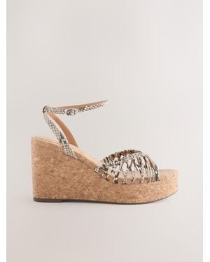 Next Snake Round Toe Weave Detail High Cork Wedges - Natural