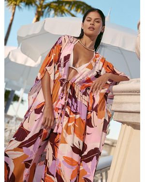 Lipsy Tropical Petite Printed Tie Front Draped Sparkle Crinkle Ladder Trim Longline Kaftan Cover Up - Pink