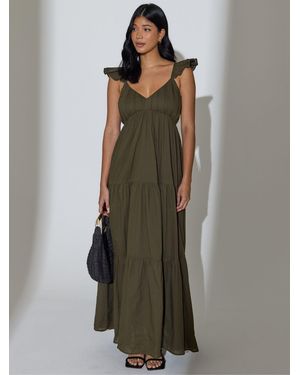South Beach 100% Cotton Frill Sleeve Tiered Maxi Dress - Green