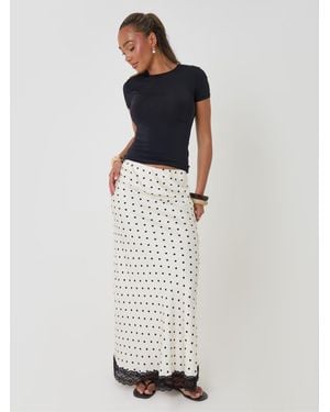 Threadbare Polka Dot Satin Lace Trim Maxi Skirt - White