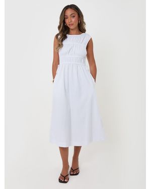 Threadbare Shirred Denim Drawstring Waist Midaxi Dress - White